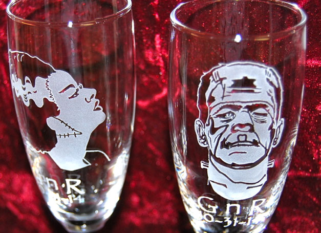 Black Stem Personalized Engraved Bride of Frankenstein and Frankenstein wedding glasses
