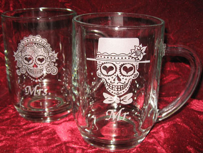 Personalized Engraved Sugar Skull Bride and Groom champagne 20oz mug