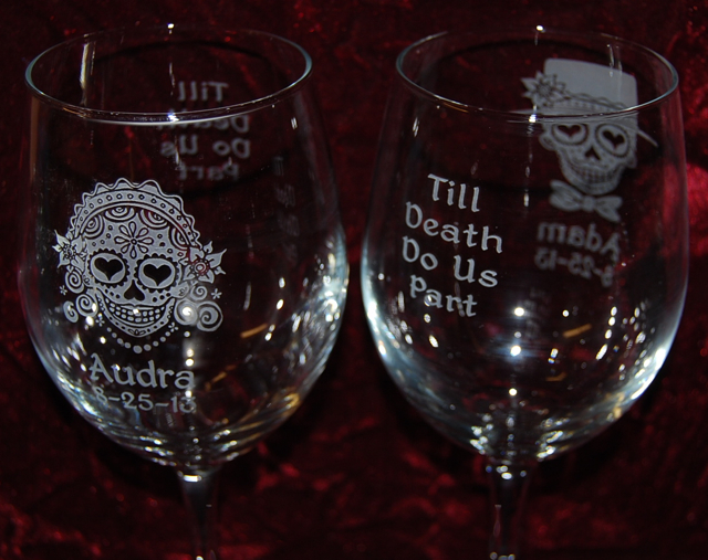 Personalized Engraved Sugar Skull Bride and Groom wine glasses