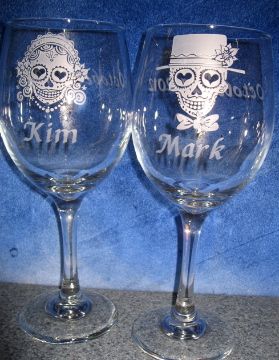 Personalized Engraved Sugar Skull Bride and Groom wine glasses