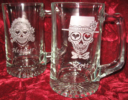 Personalized Engraved Sugar Skull Bride and Groom beer mugs