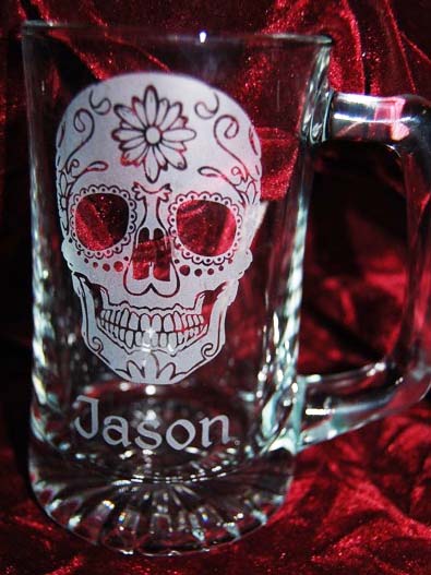 Personalized Engraved Sugar Skull Bride and Groom beer mugs