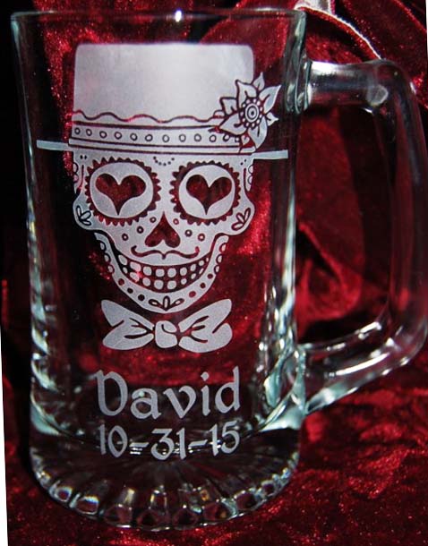 Personalized Engraved Sugar Skull Bride and Groom beer mug